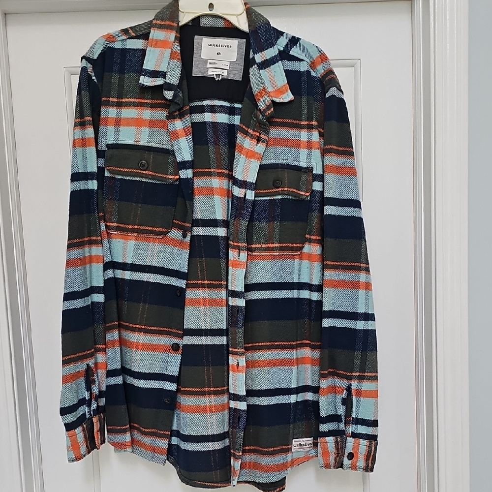 Quiksilver Men's Blue and Orange Plaid Casual Button Down Shirt Sz Med